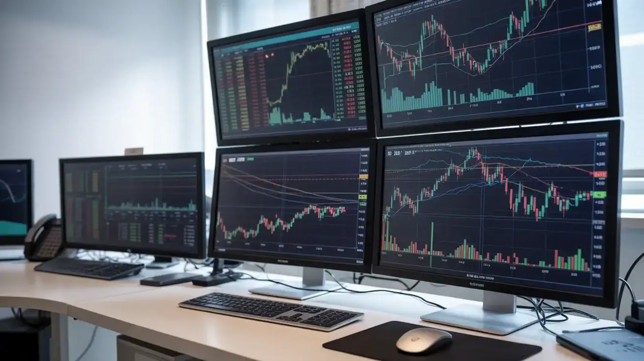 A workstation with six monitors displaying financial charts, stock prices, and market data—perfect for those who want to start trading or explore real-time trading examples in a professional office setting.
