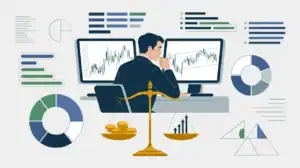 A man sits at a desk with two monitors displaying financial charts, surrounded by graphs, pie charts, and a balance scale with coins and an arrow—illustrating concepts like trading risk management and capital risk per trade.