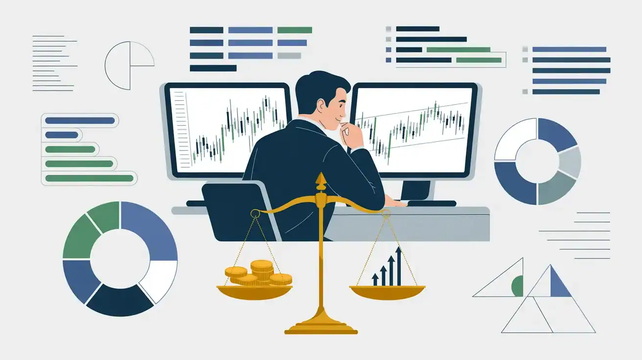 A man sits at a desk with two monitors displaying financial charts, surrounded by graphs, pie charts, and a balance scale with coins and an arrow—illustrating concepts like trading risk management and capital risk per trade.