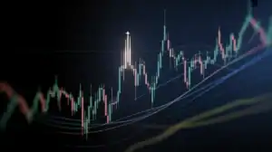 A digital candlestick chart displays fluctuating financial data with an upward trend highlighted by a white arrow pointing at a peak, ideal for spotting the Shooting Star Candlestick Pattern in any Trading Guide.