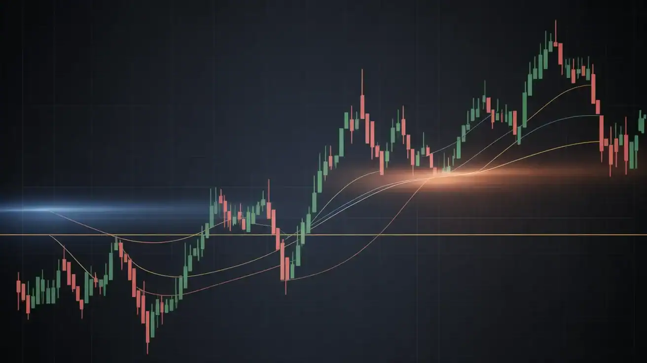 A digital candlestick chart showing fluctuating prices, moving average trend lines, and key support and resistance levels, illustrating financial market activity and analysis for an effective trading guide.