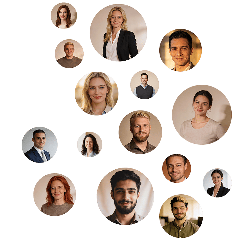 A collage of fourteen individual headshots of men and women, each inside a circular frame, arranged in a scattered pattern on a light background, showcases an intermediate level of diversity and expression.