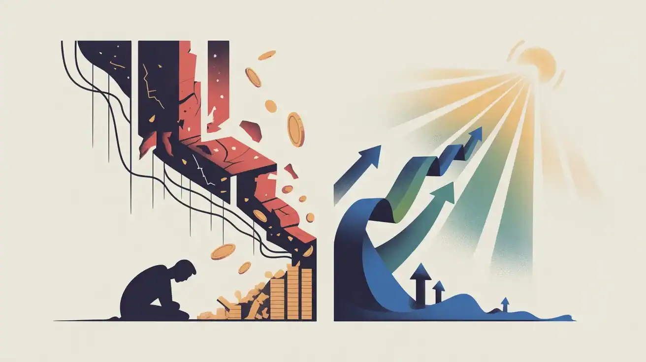 Illustration showing a person with falling coins and graph bars on the left, symbolizing trading failure, and rising arrows with sunlight on the right, representing recovery through fix trading strategies.