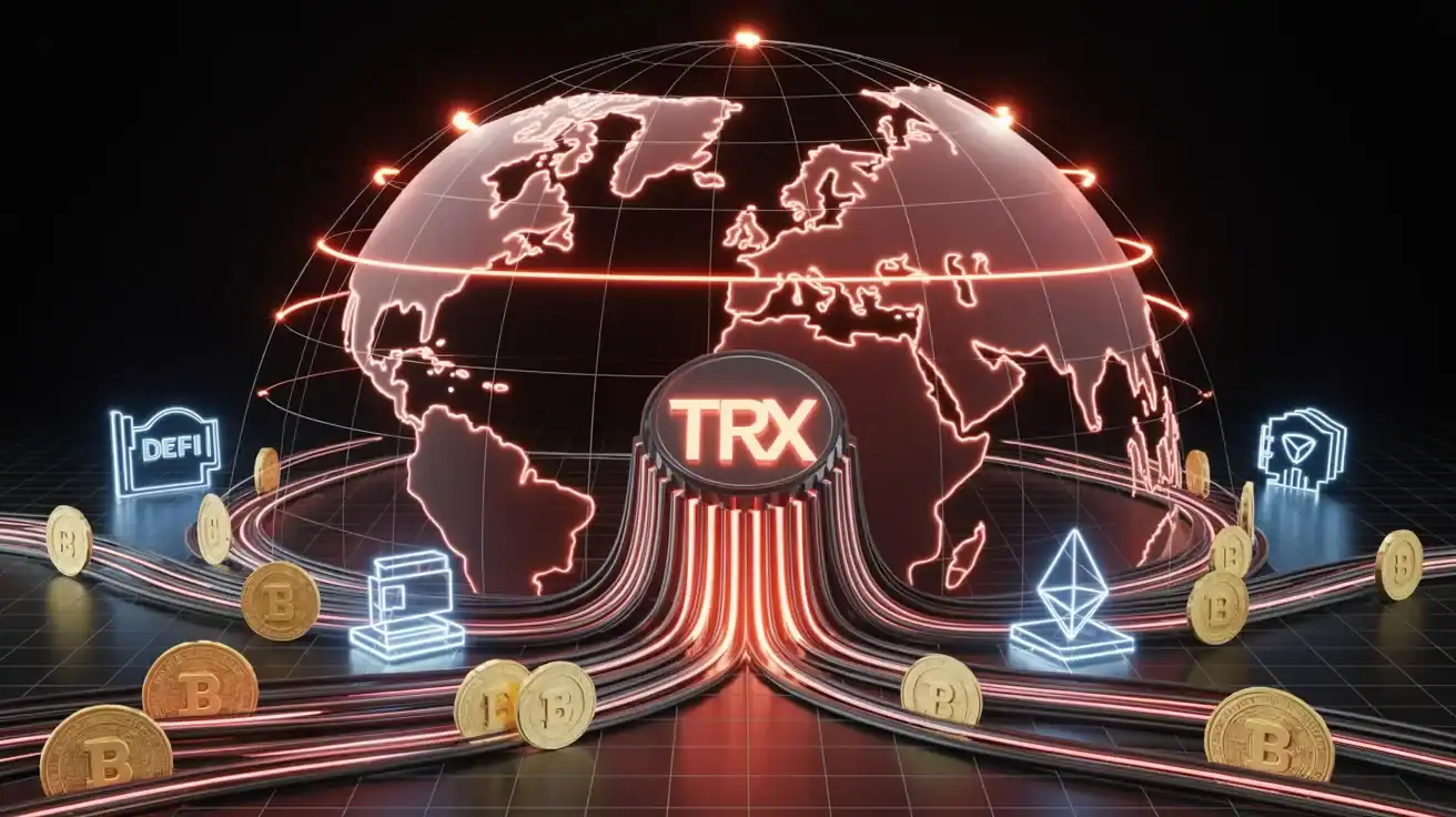 A digital illustration of a glowing globe labeled "TRX" with cryptocurrency symbols, including Bitcoin and Ethereum, plus DeFi and security icons linked by neon lines—perfect for those looking to buy TRON or explore the TRON ecosystem.