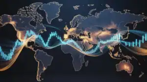 A world map with illuminated continents and overlaid digital financial graphs, featuring fluctuating bar and line charts across multiple regions—perfectly capturing the dynamic nature of forex trading and the global stock market.