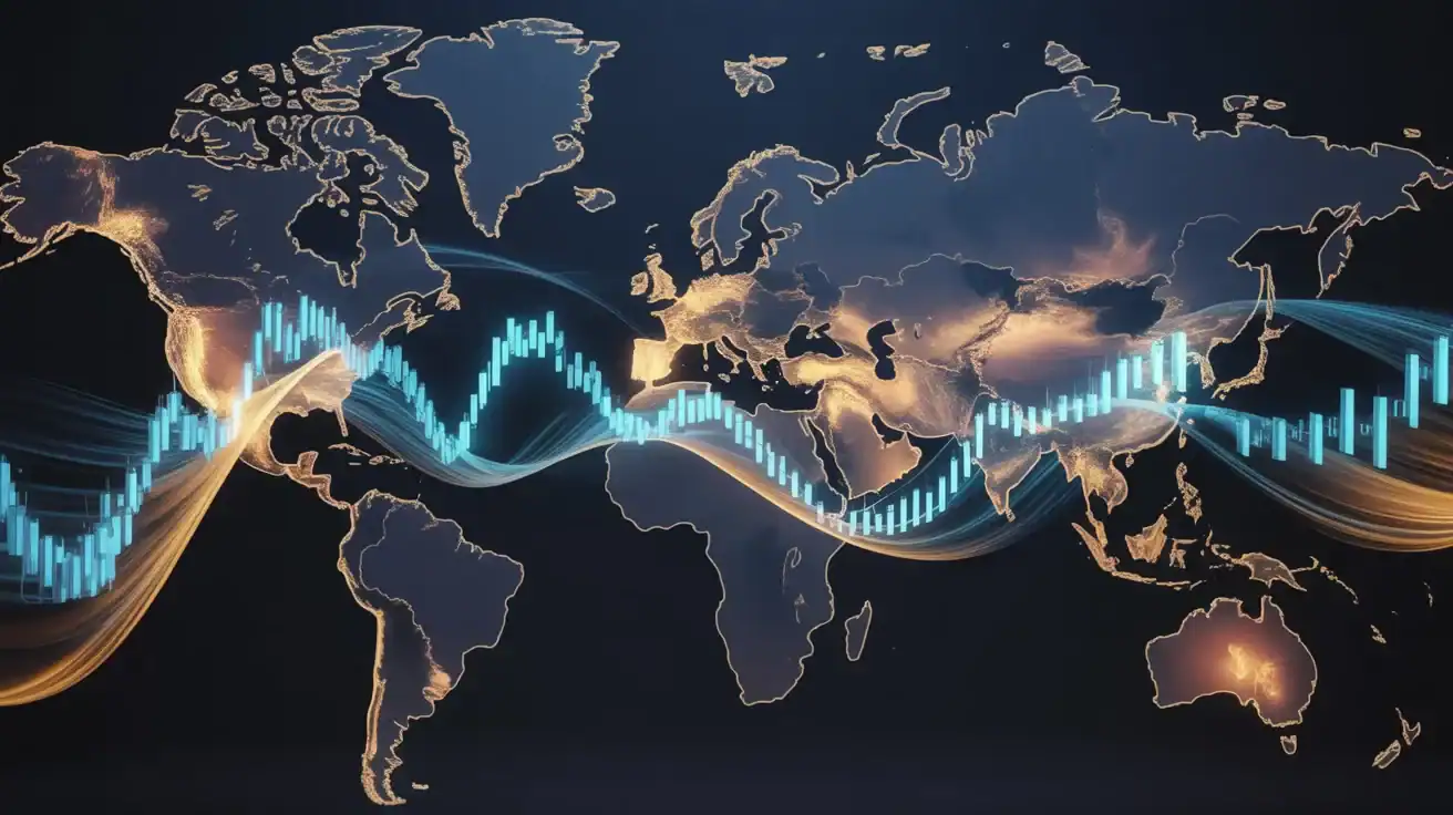 A world map with illuminated continents and overlaid digital financial graphs, featuring fluctuating bar and line charts across multiple regions—perfectly capturing the dynamic nature of forex trading and the global stock market.