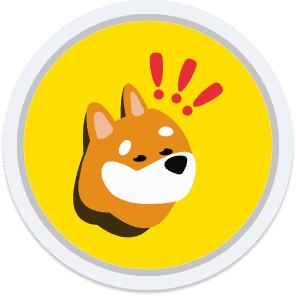 Illustration of a smiling dog’s face with closed eyes and three red exclamation marks above its head on a yellow background.