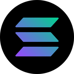 Solana cryptocurrency logo featuring three diagonal, gradient bars in blue, green, and purple on a black circular background.