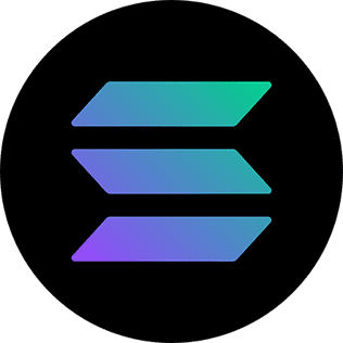 Solana cryptocurrency logo featuring three diagonal, gradient bars in blue, green, and purple on a black circular background.