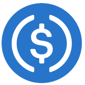 A blue circle with a white dollar sign symbol ($) surrounded by two white curved lines, representing the USD Coin (USDC) cryptocurrency logo.