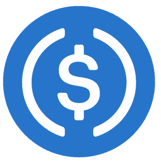 A blue circle with a white dollar sign symbol ($) surrounded by two white curved lines, representing the USD Coin (USDC) cryptocurrency logo.