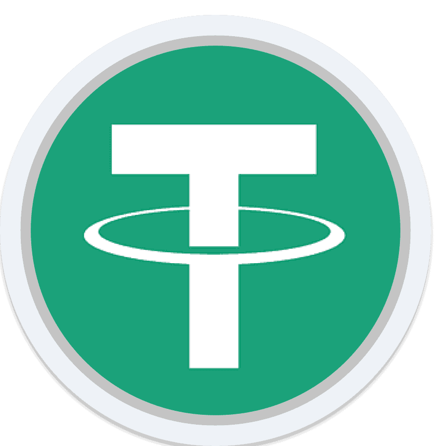 A green circular logo with a white "T" shape and a horizontal elliptical line crossing the middle, representing the Tether (USDT) cryptocurrency.