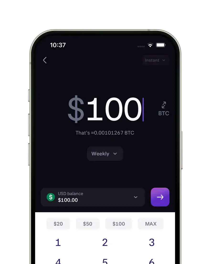 A smartphone screen shows a crypto trading app set to buy $100 worth of Bitcoin, displaying the equivalent BTC amount and a weekly purchase frequency option—highlighting essential financial tools for seamless investing.