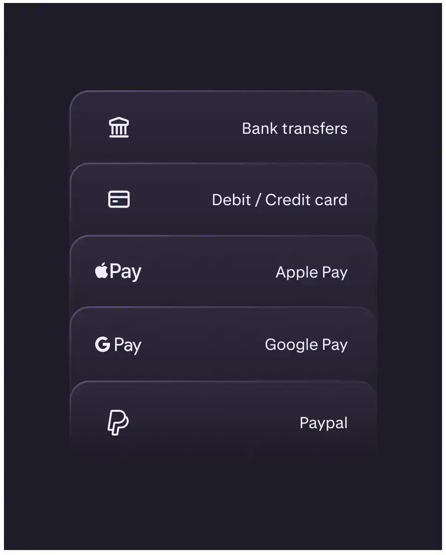 A list of payment options for trading: Bank transfers, Debit/Credit card, Apple Pay, Google Pay, and Paypal—each with an accompanying icon on a dark background. Ideal for crypto enthusiasts and those using financial tools.