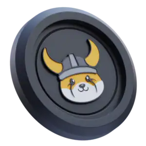 A black coin featuring a cartoon Shiba Inu dog in a Viking helmet, with yellow ears and a white face, centered on the front—a fun way to show your support before you buy FLOKI or learn how to buy FLOKI token.