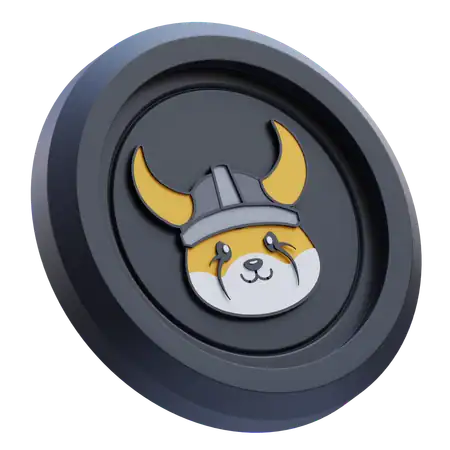 A black coin featuring a cartoon Shiba Inu dog in a Viking helmet, with yellow ears and a white face, centered on the front—a fun way to show your support before you buy FLOKI or learn how to buy FLOKI token.