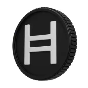 A black circular coin with a raised white "H" symbol on its face, shown at an angle.