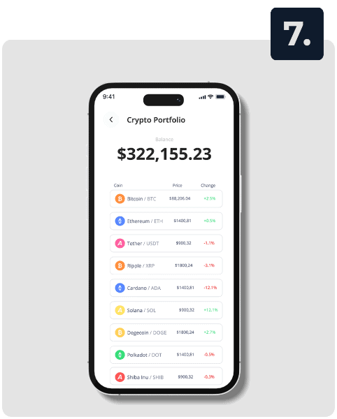 A smartphone displays a crypto portfolio app with a $322,155.23 balance and a list of various cryptocurrencies and their prices. A dark blue square with the number 7 is in the top right corner.