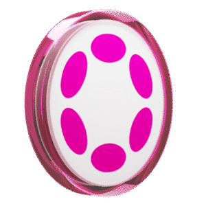 A round, pink-bordered white button featuring six magenta oval shapes arranged symmetrically around the center.
