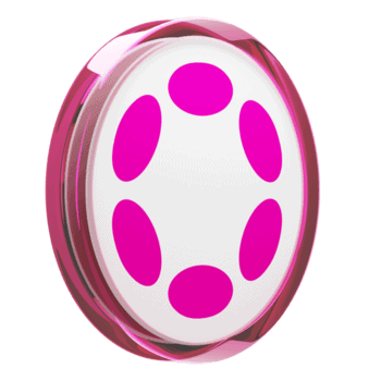 A round, pink-bordered white button featuring six magenta oval shapes arranged symmetrically around the center.