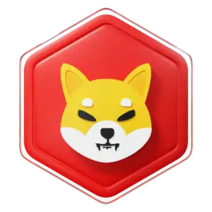 A red hexagonal badge featuring a stylized Shiba Inu dog face with yellow, white, and black detailing.