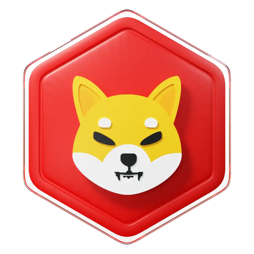 A red hexagonal badge featuring a stylized Shiba Inu dog face with yellow, white, and black detailing.