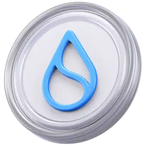 A round silver and white button features a blue water droplet icon with a curved line inside it, perfect for those looking to Buy Sui or explore Sui crypto.
