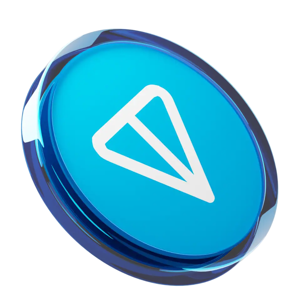 A blue circular token with a white paper plane symbol in the center, resembling the Telegram Open Network (TON) cryptocurrency logo.
