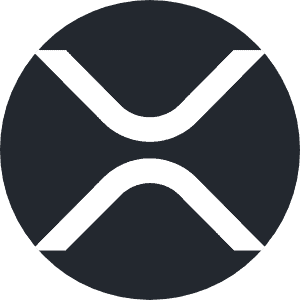 A black circle with a white abstract design forming an "X" shape in the center, representing the XRP cryptocurrency logo.