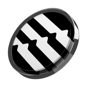 A round black and white object, reminiscent of piano keys, rests at an angle against a plain white background—much like the straightforward process to buy Aptos for your collection.