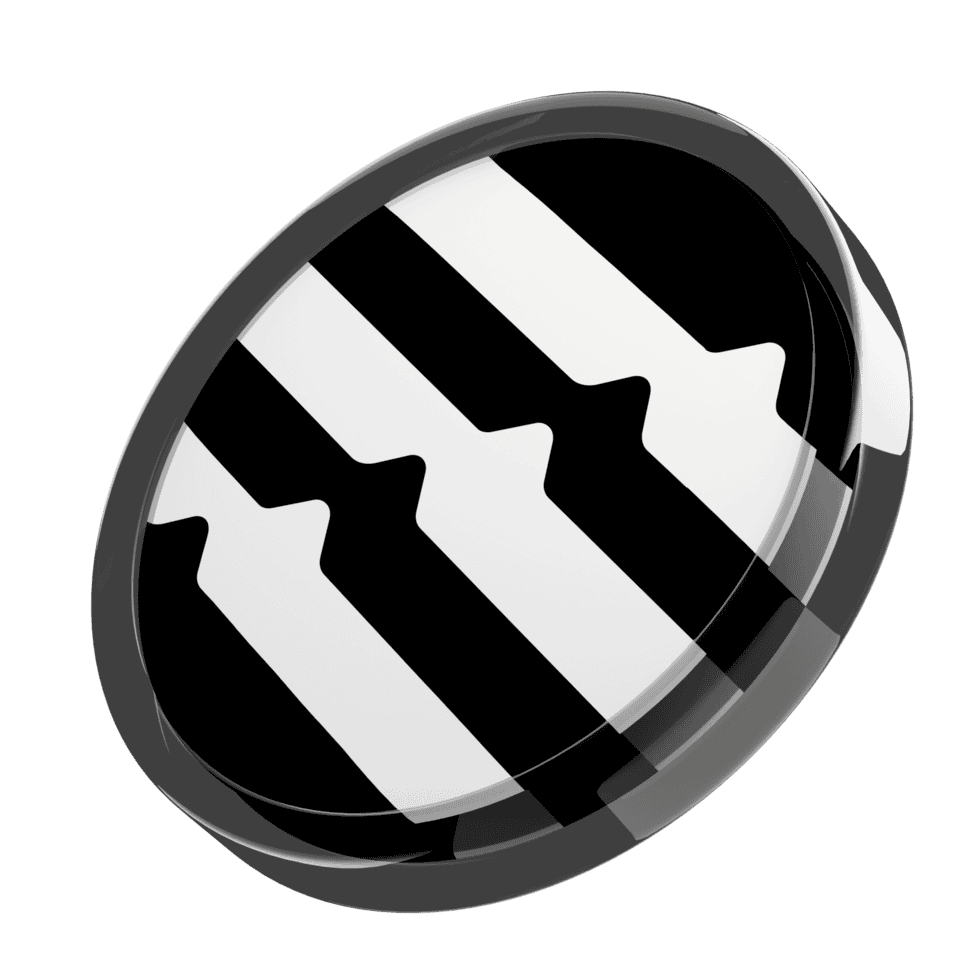 A round black and white object, reminiscent of piano keys, rests at an angle against a plain white background—much like the straightforward process to buy Aptos for your collection.