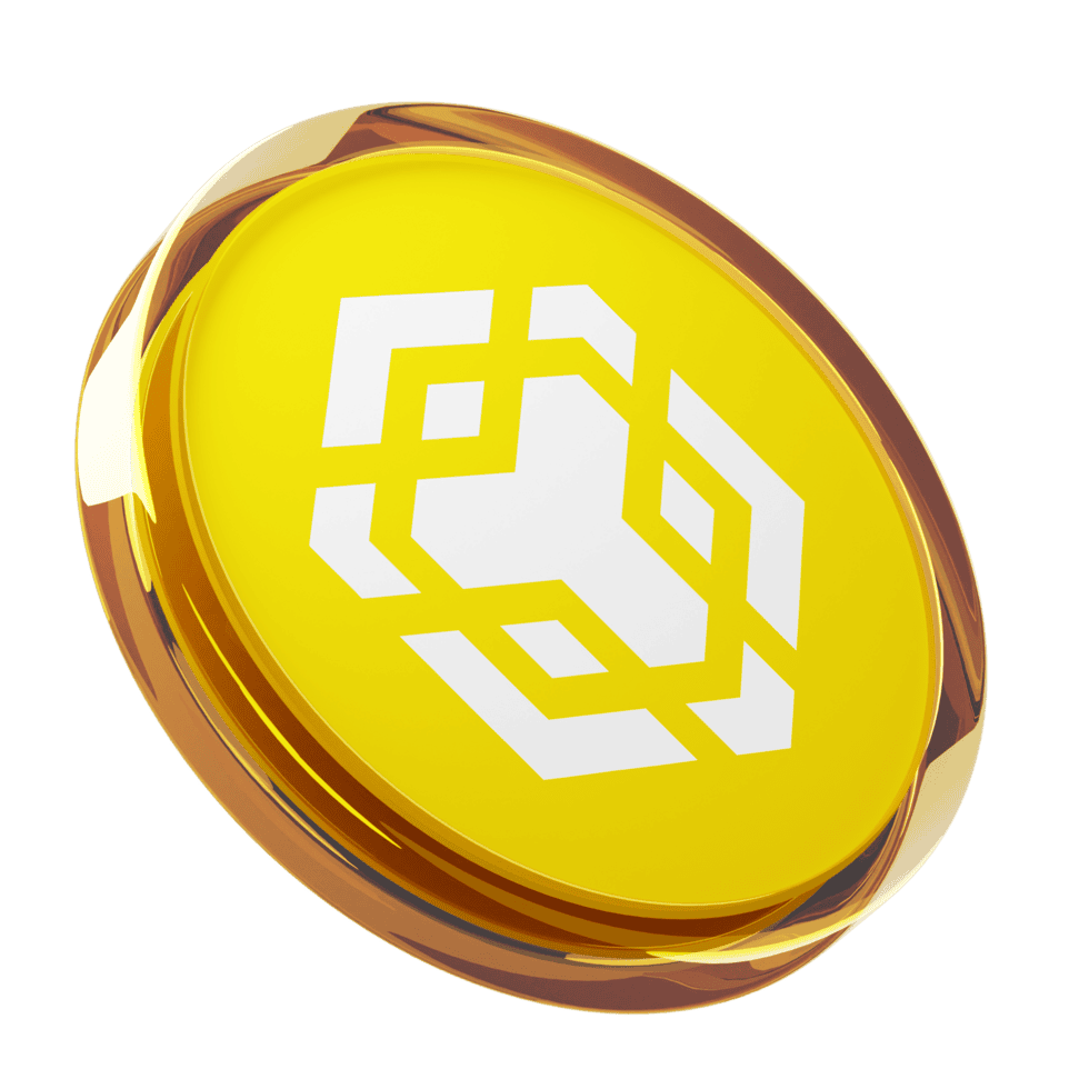 A yellow and gold coin featuring a white geometric design on its face, shown on a plain light background—perfect for those looking to learn how to buy BNB or make their first BNB purchase.