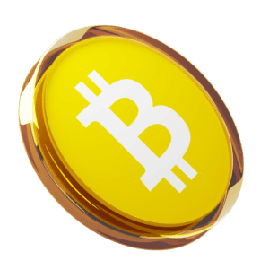A 3D-rendered yellow coin with a white Bitcoin symbol, featuring a transparent brown edge, on a plain white background.