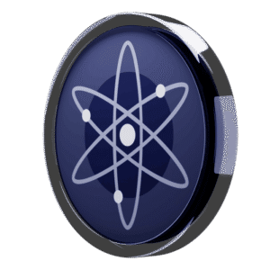 A round, dark blue button with a white atomic symbol featuring a central dot and elliptical orbits, encased in a black and silver border.