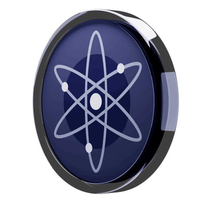 A round, dark blue button with a white atomic symbol featuring a central dot and elliptical orbits, encased in a black and silver border.