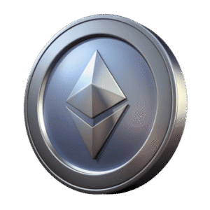 A metallic coin featuring the Ethereum logo, which consists of two stacked diamond shapes, displayed on a plain light background.
