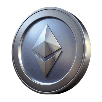 A metallic coin featuring the Ethereum logo, which consists of two stacked diamond shapes, displayed on a plain light background.