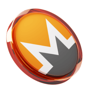 3D rendering of the Monero cryptocurrency logo, featuring a stylized orange, white, and dark gray "M" within a circular design.
