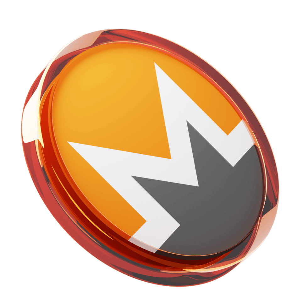 3D rendering of the Monero cryptocurrency logo, featuring a stylized orange, white, and dark gray "M" within a circular design.