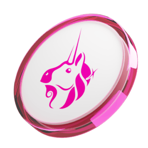A round, translucent pink token featuring a stylized unicorn head logo in bright pink, set against a white background—perfect for those looking to Buy Uniswap or learn How to Buy Uniswap.